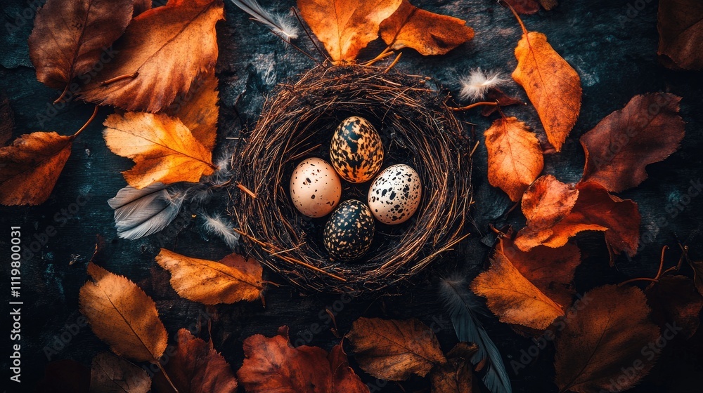 Poster easter quail eggs nestled in a nest surrounded by autumn leaves and feathers on a rustic wooden back