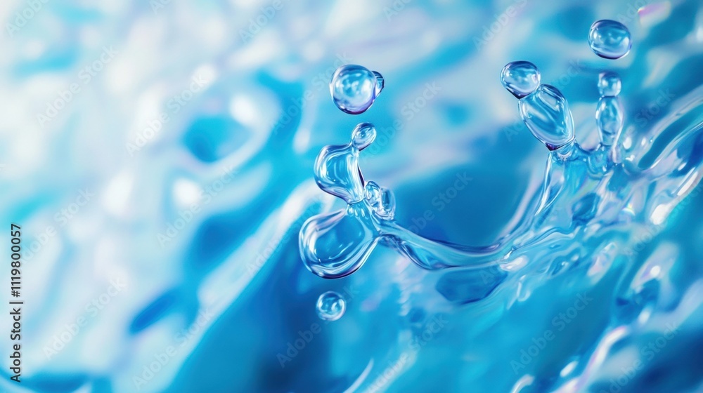 Poster close-up of clear water droplets splashing against a vibrant blue background, creating a refreshing 