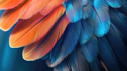 Obraz premium Colorful close-up of bird feathers displaying vibrant shades of orange, blue, and teal, emphasizing fine details and textures, nature, wildlife, macro photography.