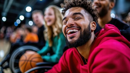 A cheerful man with a beard enjoys a moment at a wheelchair basketball event, highlighting the joy and community within adaptive sports for all abilities.