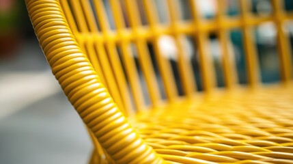 Detailed close-up of the vibrant yellow texture of a handcrafted wicker chair, featuring straight, orderly lines and intricate weaving, furniture design, craftsmanship, home decor.