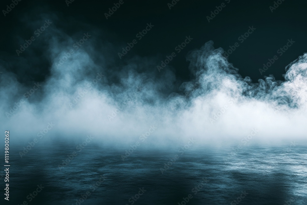 Poster mystical fog over calm water surface at night with ethereal smoke and mysterious atmosphere creating