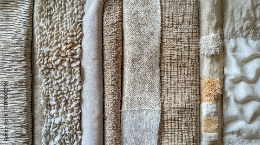 Poster variety of textured fabric samples in neutral tones arranged in a visually appealing close-up displa