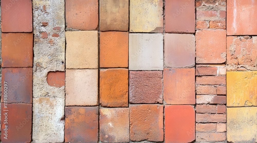 Poster closeup of colorful vintage bricks showcasing texture and variety in patterns for architectural and 