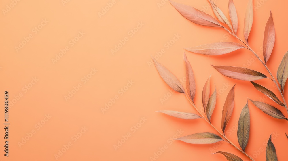 Poster minimalist flat lay of hemp leaves arranged on a soft orange background showcasing creative space fo