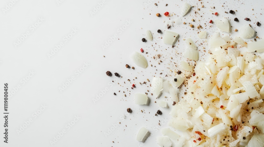 Poster chopped onion and assorted spices arranged in a flat lay on a clean white background for culinary an