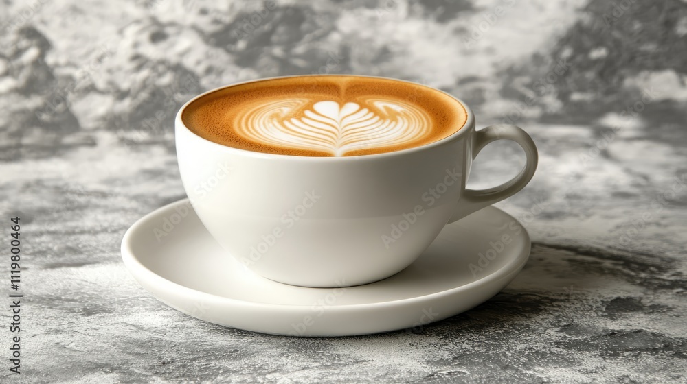 Poster latte art in a white cup on a saucer against a textured backdrop with ample copy space for creative 