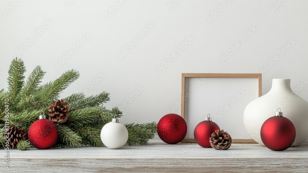 Poster minimalistic christmas decor with blank frame fir branch and ornaments on rustic table in scandinavi