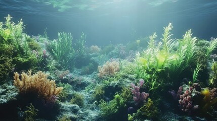 Fototapeta premium Vibrant coral reef teeming with diverse aquatic vegetation, illuminated by sunlight filtering through water, showcasing rich marine life, underwater ecosystem, biodiversity, tranquility.