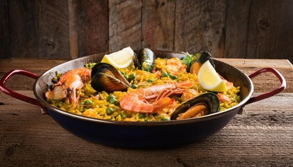  Colorful Seafood Paella Dish with Shellfish, top view on rustic wooden background