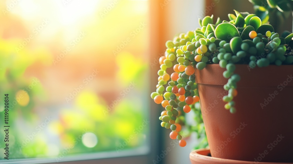 Poster closeup of senecio rowleyanus string of pearls succulent in terracotta pot basking in sunlight with 