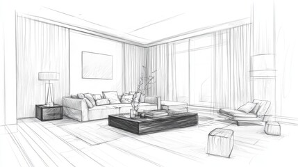 Stylish living room interior sketch showcasing modern design elements.
