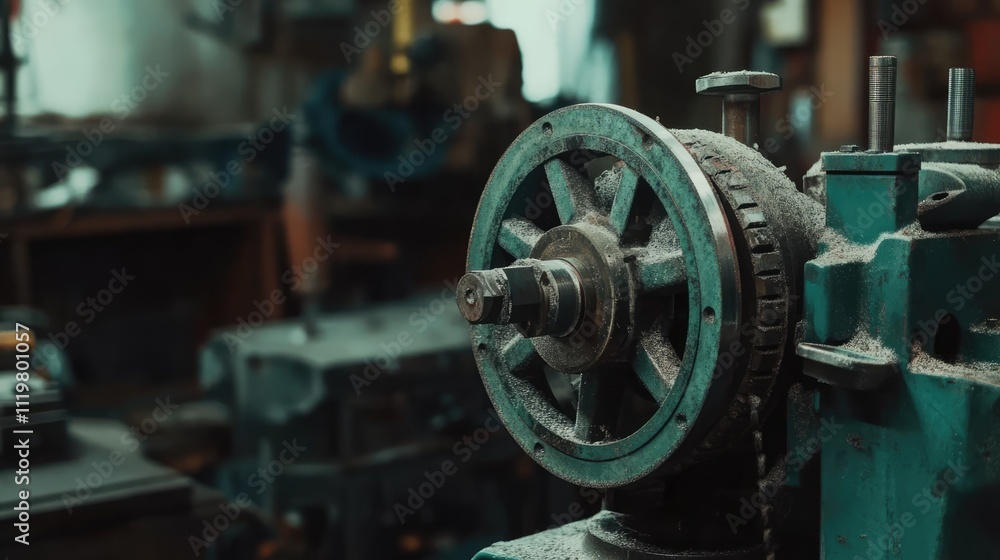 Aufkleber detailed close-up of an aged milling machine part in a workshop setting, featuring rusted textures a