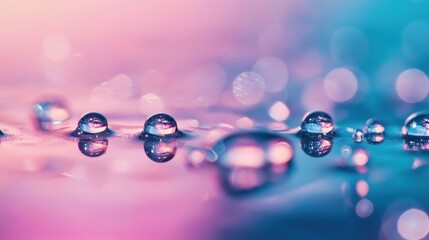 Close-up of vibrant water droplets reflecting colorful bokeh lights, creating a dreamy and serene atmosphere.