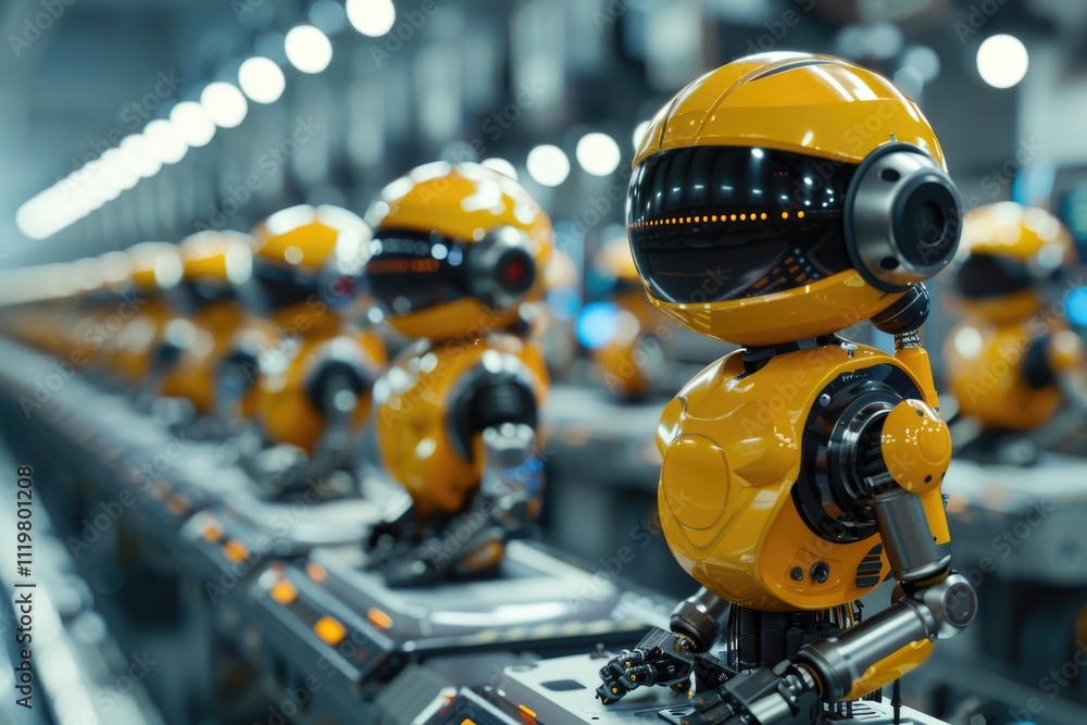 Poster industrial setting with robots moving along a production line