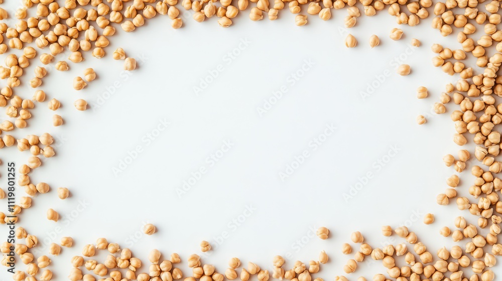 Poster chickpeas arranged in a circular frame on a white background showcasing their natural color and text