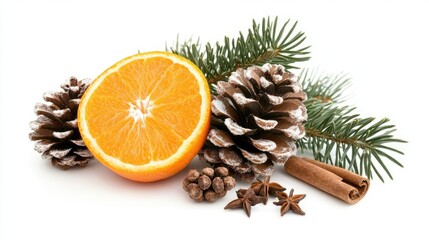 Festive Christmas Pomander with Spices Pine Cones and Spruce Branch on White Background Decorated for Holiday Season