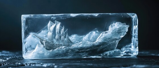 Frozen ship in ice block, dark background.