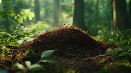 Fototapeta premium Ant hill close up in a lush summer forest showcasing intricate details of ants nesting in a natural habitat under soft sunlight