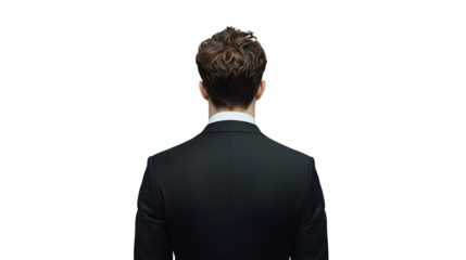 Professional studio portrait capturing the back view of a businessman with brown hair wearing a black tailored suit, photographed against a pure white background in commercial style.