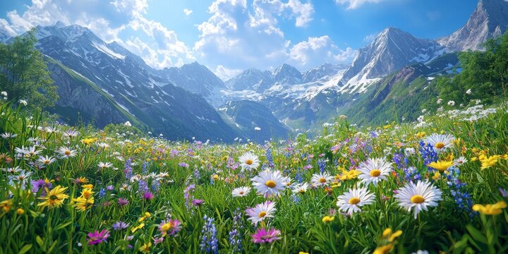 Vibrant Alpine Meadow Wildflowers Mountain Landscape Summer Bloom