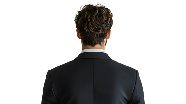Professional studio portrait capturing the back view of a businessman with brown hair wearing a black tailored suit, photographed against a pure white background in commercial style.
