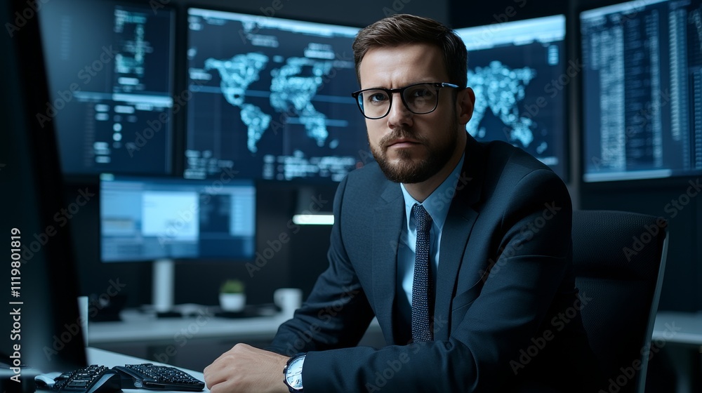 Poster serious cybersecurity analyst at work, monitoring global network security from control room