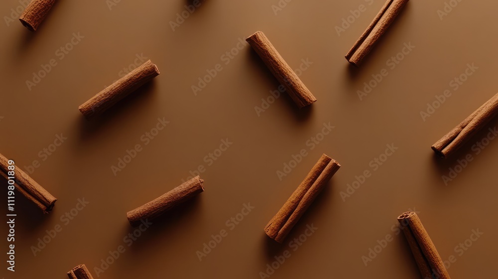 Poster cinnamon sticks scattered over a smooth brown surface creating a warm and inviting culinary backdrop