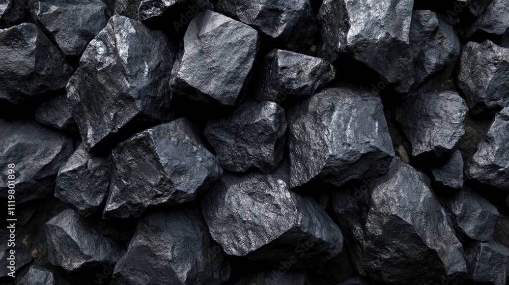 Poster detailed close-up texture of crushed black stone building material, showcasing angular shapes and un