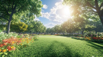 Obraz premium A lush green park with vibrant flowers and a bright sun shining through the trees.