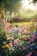 Obraz premium A vibrant garden filled with colorful wildflowers, bathed in the soft glow of sunlight, showcasing nature's beauty and diversity.