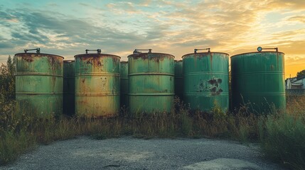 Weathered green tanks arranged in a line, indicating hazardous toxic chemical storage, surrounded by overgrown grass and a dramatic sunset sky, industrial, safety, environment.