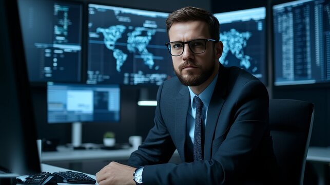 Serious Cybersecurity Analyst at Work, Monitoring Global Network Security From Control Room - Powered by Adobe