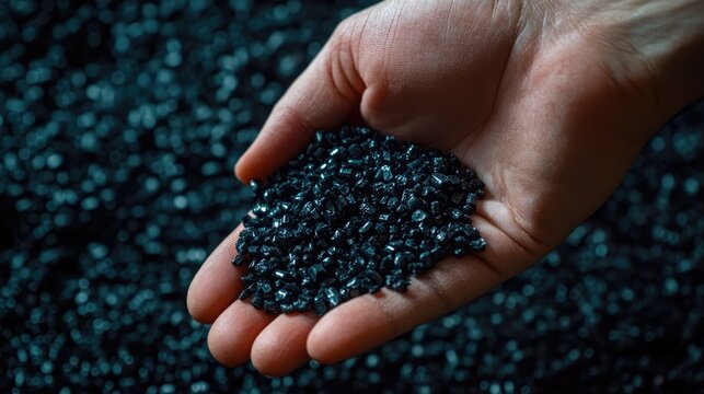 Close-up of a hand holding black plastic granules against a backdrop of scattered pellets, showcasing texture and shine, manufacturing, industrial material, close-up details.