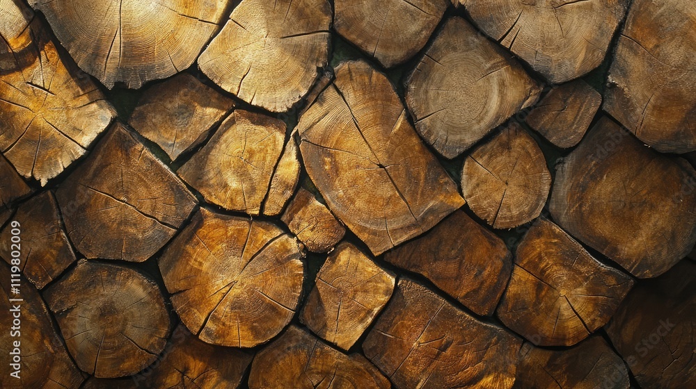 Poster textured background of cut and sawed timber logs stacked neatly, displaying distinct grain patterns,