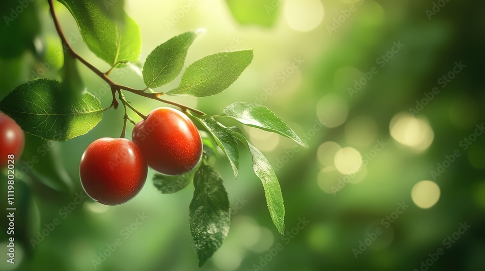 Aufkleber ripe red plums hanging on a branch with soft green bokeh background in a serene garden setting