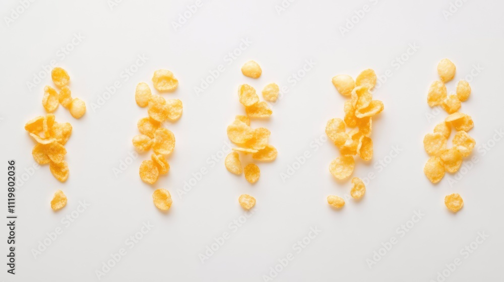 Poster crispy corn flakes arranged in varying scattered patterns on a clean white background, emphasizing t