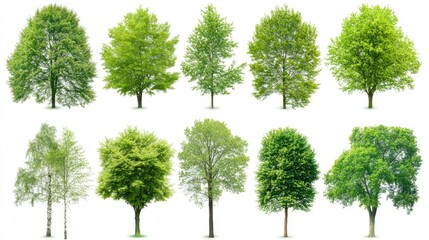Diverse Collection of Ten Green Trees with Lush Foliage Isolated on White Background for Design and Nature Themes