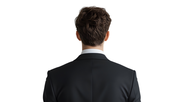Professional studio portrait capturing the back view of a businessman with brown hair wearing a black tailored suit, photographed against a pure white background in commercial style.
