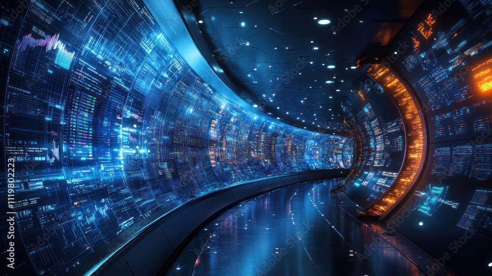 Aufkleber futuristic data center tunnel with glowing screens displaying complex information.