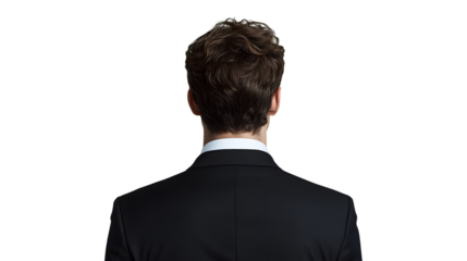 Professional studio portrait capturing the back view of a businessman with brown hair wearing a black tailored suit, photographed against a pure white background in commercial style.