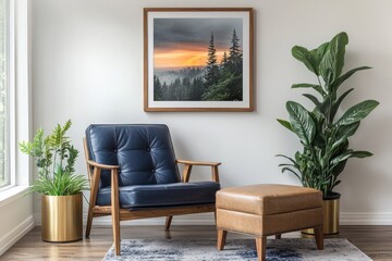 Modern living room mid century lounge chair navy blue leather