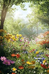 A vibrant garden filled with colorful wildflowers, bathed in the soft glow of sunlight, showcasing nature's beauty and diversity.
