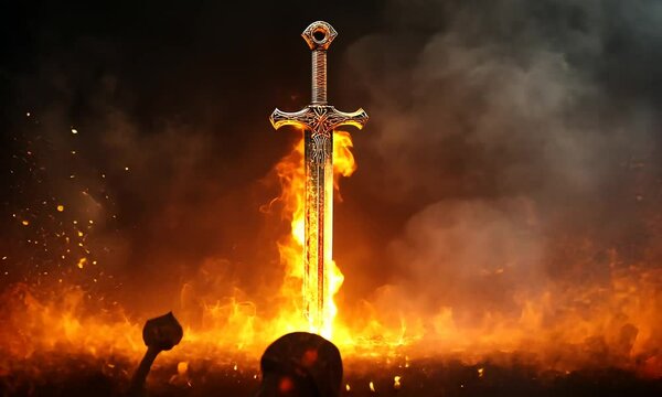 A fiery sword emerges from flames, symbolizing power and battle.