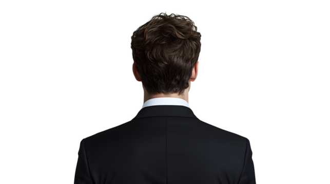 Professional studio portrait capturing the back view of a businessman with brown hair wearing a black tailored suit, photographed against a pure white background in commercial style.