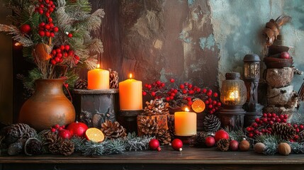 Fototapeta premium Festive holiday scene featuring candles, pinecones, ornaments, and natural decorations creating a warm and inviting Christmas atmosphere