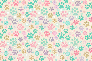 Pastel Paw Prints and Flowers. A Charming Seamless Pattern