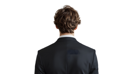 Professional studio portrait capturing the back view of a businessman with brown hair wearing a black tailored suit, photographed against a pure white background in commercial style.