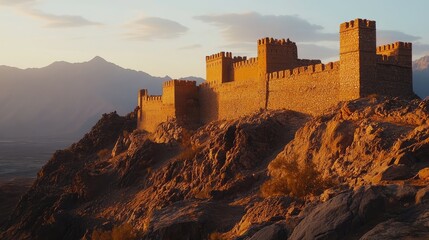 Fototapeta premium Closeup of ancient Arabic fortress at dusk with mountains in the background showcasing historic architecture and natural scenery