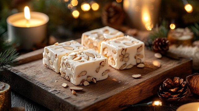 Spanish almond nougat presented on a rustic wooden tray. Adorned with soft candlelight and twinkling Christmas lights, capturing the festive spirit of family gatherings and seasonal celebrations


